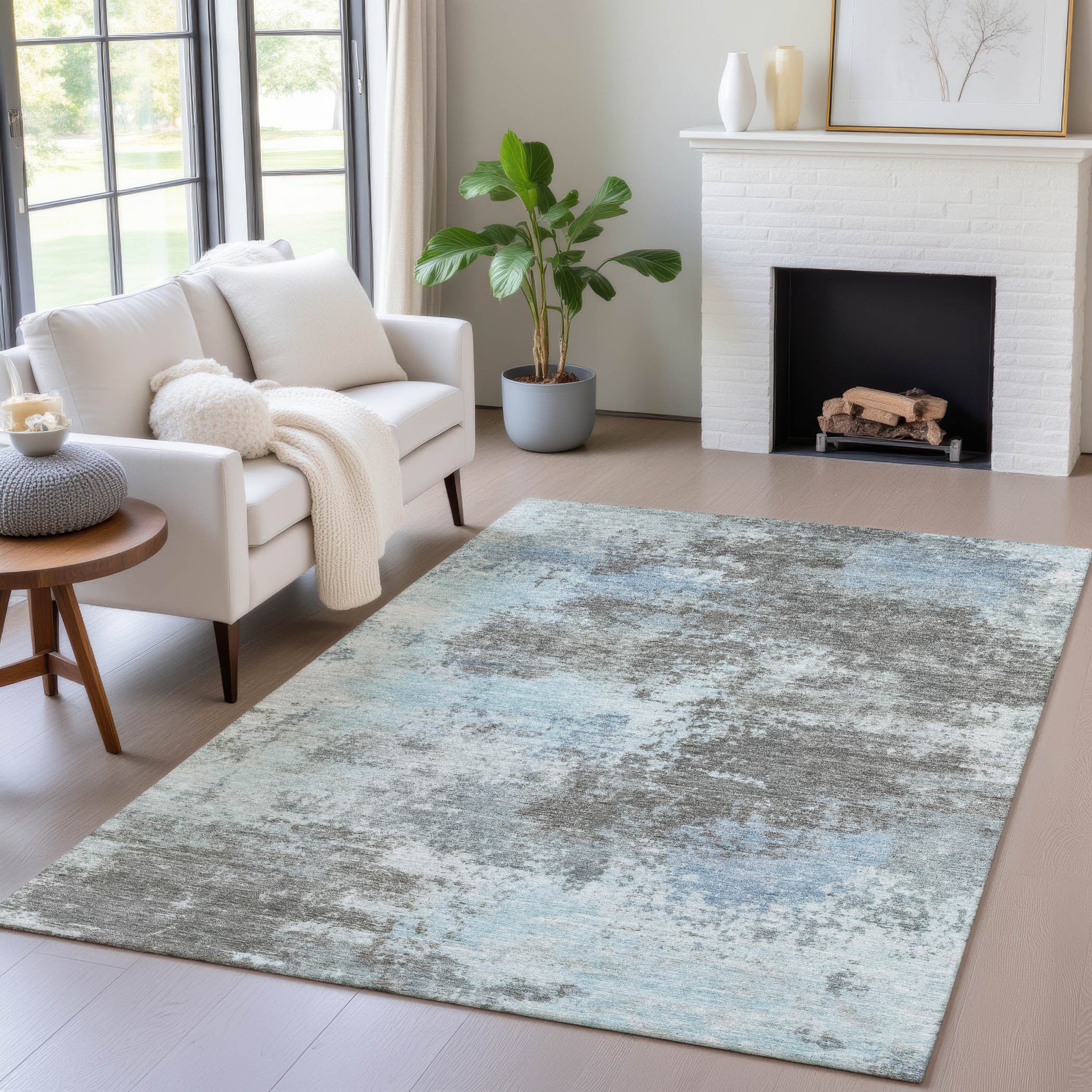 3' X 5' Taupe And Sky Blue Abstract Washable Indoor Outdoor Area Rug-0