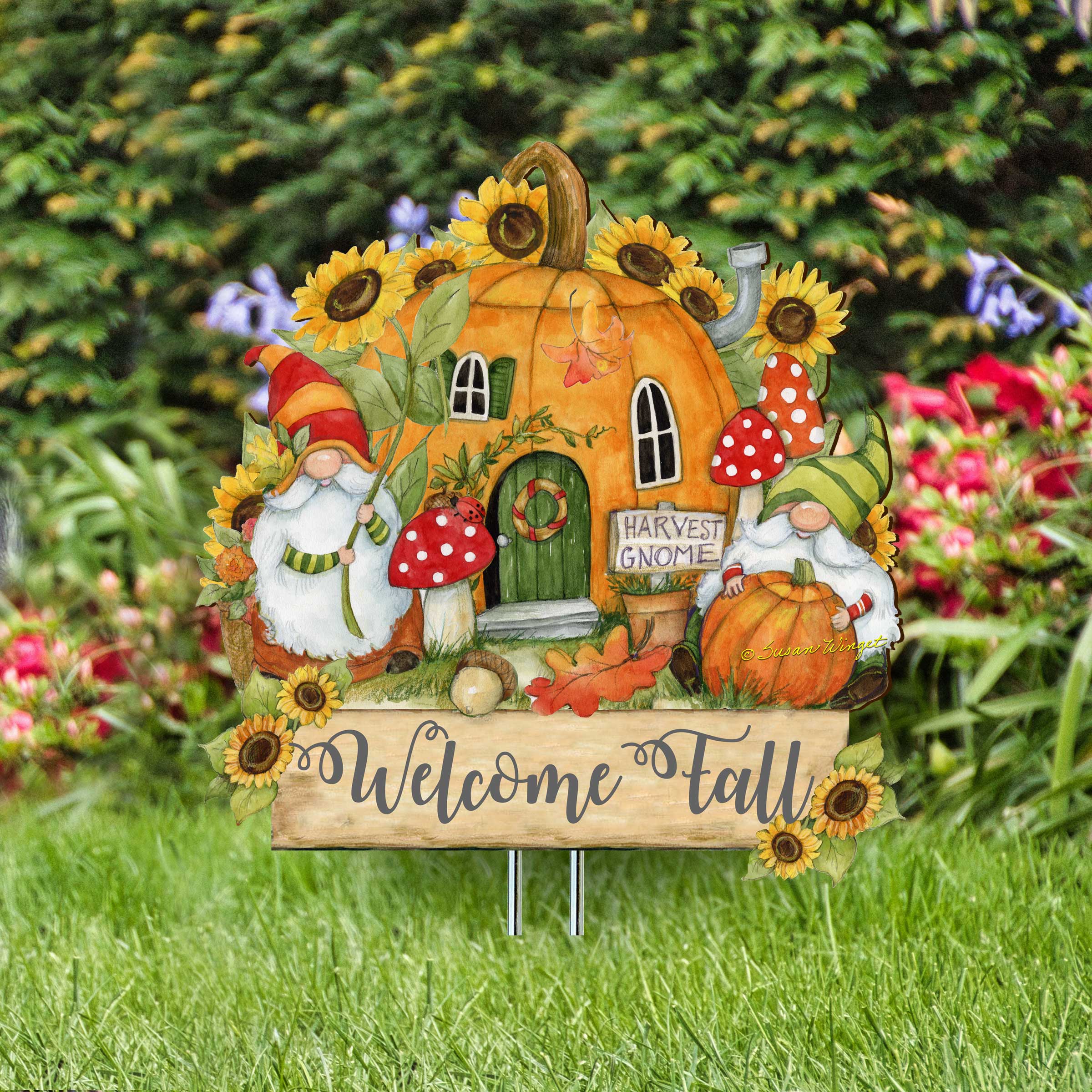 Outdoor Garden Stake Fall Decoration - Front Yard Gnome Welcome Sign - Backyard Decor - Cornucopia Garden Decor - Harvest Handmade Gift - Autumn Front Yard Decor by Susan Winget - 8471209M-SW-3